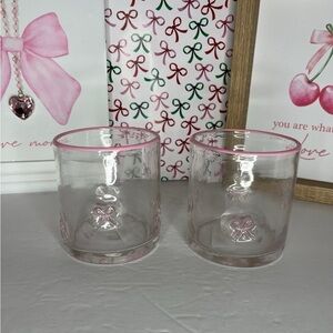 Pink Bow Ribbons Lampwork Embedded Drinking Glasses Set of 2 Coquette NWT